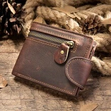 Popular Crazy Horse Leather Short Wallet Genuine Leather Men's Buckle Wallet Multi-Card Slot Card Holder Coin Purse - cà phê - Xem 8