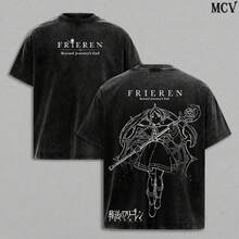 Frieren Tee Washed – Frieren Beyond Journey's End Vintage Washed Heavy Cotton Oversized Anime Manga-Shirt, Double Printed Retro Unisex Streetwear Graphic Top, Fantasy Healing Journey Edition, Japanese Anime Merch - 黑色 - 查看 1