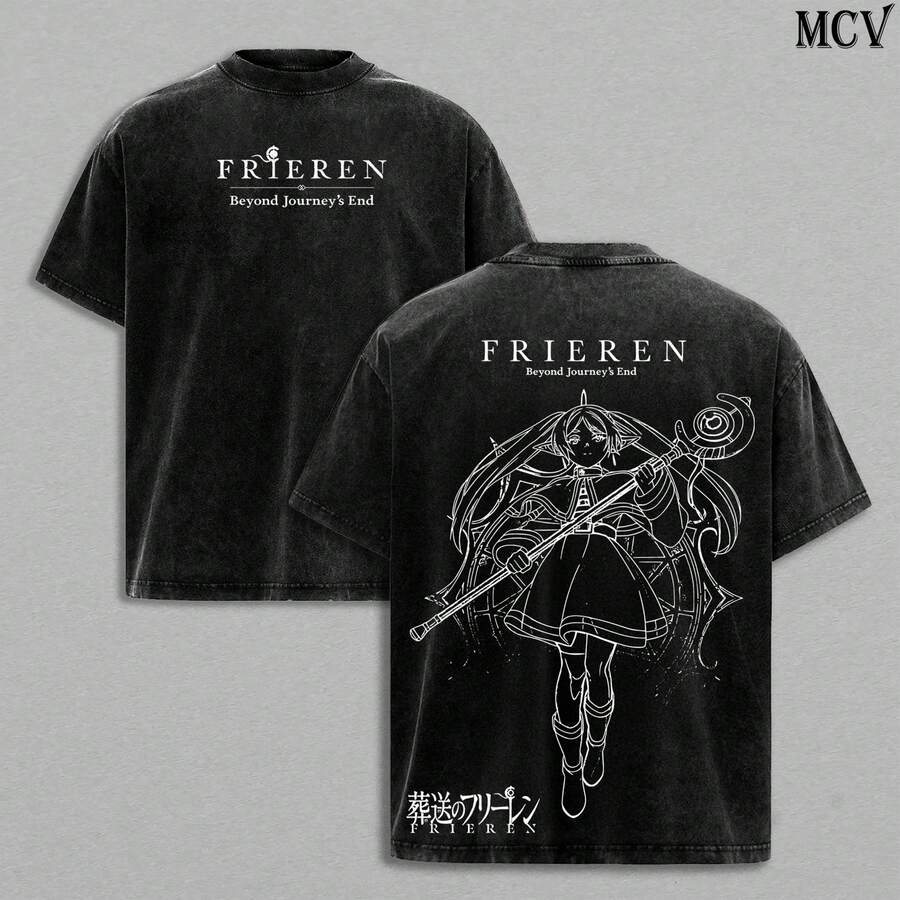 Frieren Tee Washed – Frieren Beyond Journey's End Vintage Washed Heavy Cotton Oversized Anime Manga-Shirt, Double Printed Retro Unisex Streetwear Graphic Top, Fantasy Healing Journey Edition, Japanese Anime Merch - 黑色 - 查看 1