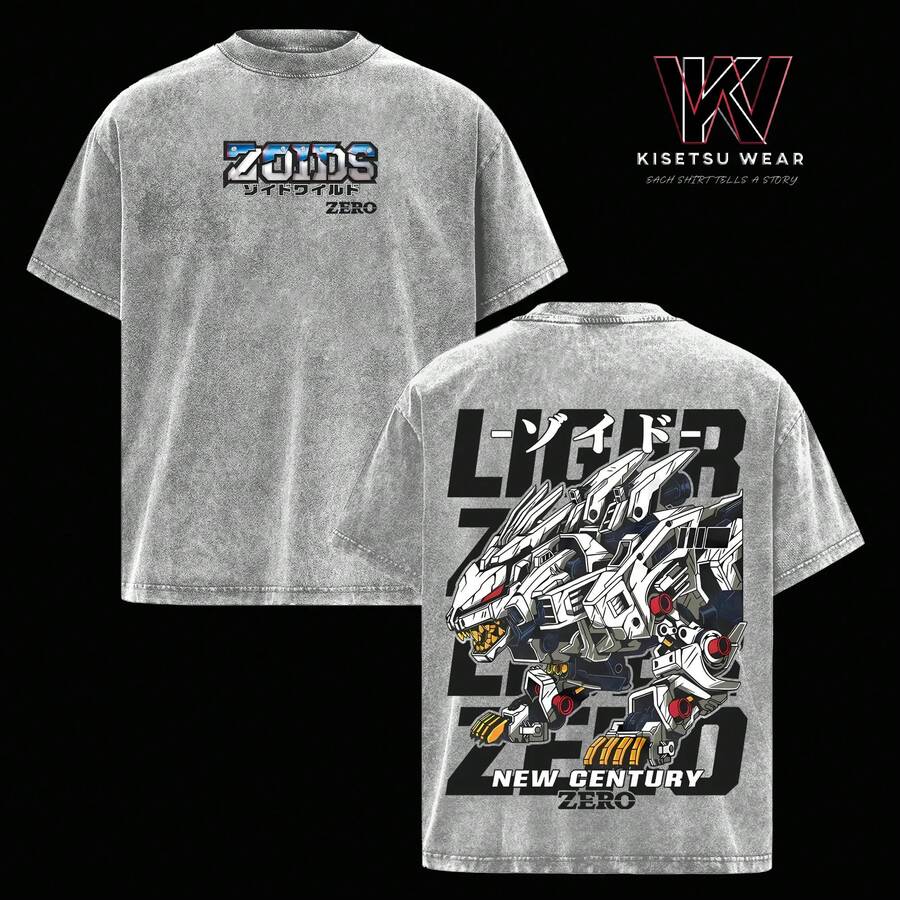 Liger Zero Zoids New Zero-Shirt, Oversized Washed Vintage Anime Tee, Mecha Robot Graphic Shirt, Retro 90s Japanese Anime Streetwear - 灰色 - 查看 1