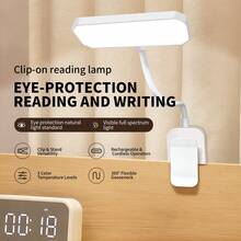 [1 pieza] Luz de lectura horizontal con clip, mini luz de libro, lámpara de lectura con clip, lámpara dedicada al cuidado de los ojos, se puede sujetar o colocar, recargable y con enchufe, 3 niveles de brillo, luz de libro giratoria 360° - Lámpara de lectura horizontal con clip - Ver 1