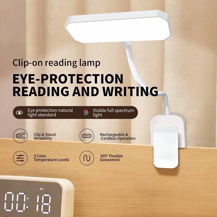 [1 pieza] Luz de lectura horizontal con clip, mini luz de libro, lámpara de lectura con clip, lámpara dedicada al cuidado de los ojos, se puede sujetar o colocar, recargable y con enchufe, 3 niveles de brillo, luz de libro giratoria 360° - Lámpara de lectura horizontal con clip - Ver 1