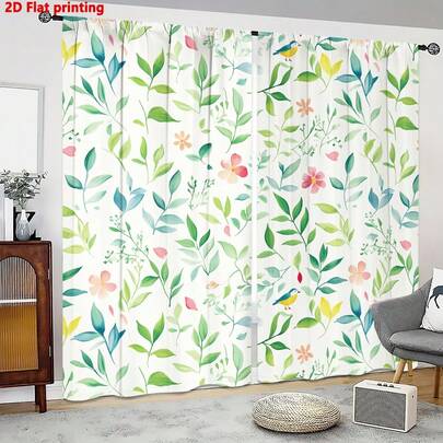 2pcs Spring & Summer Leaf, Flower & Bird Landscape Printed Curtains, Privacy Protection, Digital Printing, Suitable For Living Room, Bedroom, Study, Home Decor