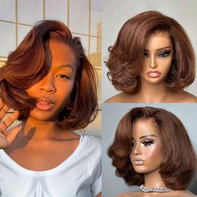 优雅层次感波波头无胶假发，巴西雷米真人发，透明4x4蕾丝无胶假发，180%密度，巴西自然波浪卷发，通用尺寸，#4巧克力棕色，即戴即用，无胶波波头假发