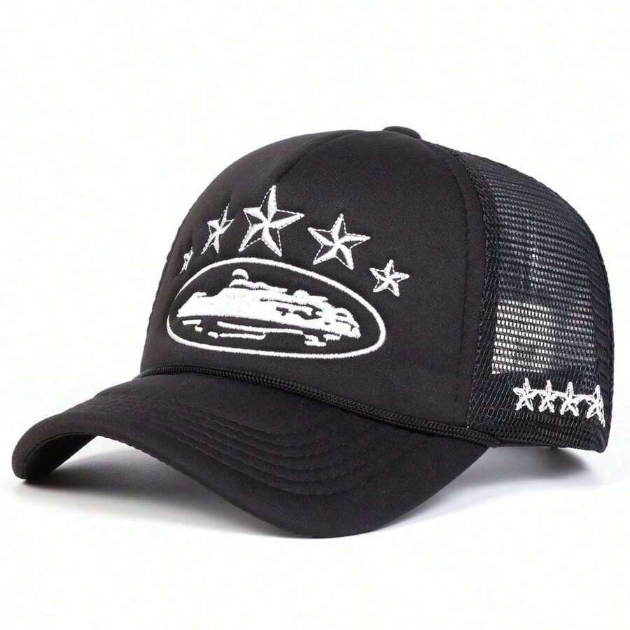 1pc Women Five-Pointed Embroidery Truck Driver Hat, Fashionable Baseball Cap With Mesh, Casual Outdoor Hat Spring Autumn Traveling, Beach Holiday Halloween - 粉色 - 查看 1