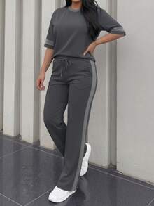 Spring/Summer Women's 2 Pieces Set, Casual Versatile Contrast Color Round Neck Short Sleeve Top And High Waist Drawstring Straight Leg Pants Elegant - Dark Gray + Gray - View 3
