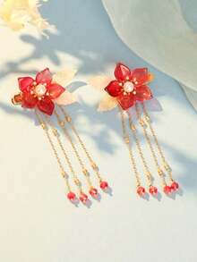 2pcs Chinese Style Pomegranate Flower Tassel Hair Clips, Cute & Sweet, Gift For Women, Suitable For Casual Everyday Wear, Claw Clips, Hair Claws, Hair Slide, Hair Barrettes, Hair Accessories, Head Accessories, Hairpin - 酒紅色 - 查看 3