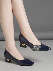 Nuevos zapatos de tacón alto cómodos y de moda con rhinestones, en negro, blanco, plateado y marrón, zapatos de trabajo, de punta afilada y tacón grueso, bombas versátiles de slip-on para mujer, para primavera/otoño - azul real - Ver 3