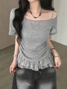 Conjunto de 2 piezas de top de manga corta con lazo y camiseta interior fruncida de encaje, estilo sexy y casual para el verano - Gris - Ver 4