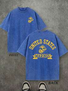 Summer TopsRetro Washed T-Shirt Double Sided Printed (230 Pure Cotton T-Shirt) 'MARINES' Letter And Eagle Patterns Print, Men's T-Shirt, Men's Casual, Comfortable, Fashionable T-Shirt, Street Style CottonLoose And ComfortableSummer Lightweight Style Casual Washed T-Shirt - 寶藍色 - 查看 6