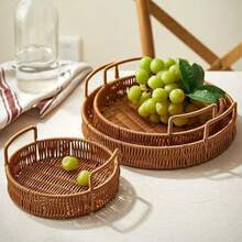 Handmade Rattan Woven Tray With Handles, Oval Shaped Fruit/Bread/Snack Basket - Khaki - View 2