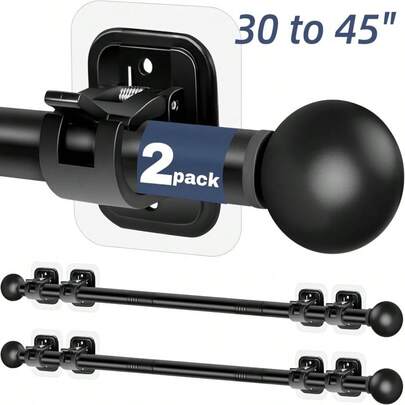 2pcs Curtain Rods No Drilling For Windows | 5/8 Inch Diameter Drapey Pole With No Drill Curtain Rod Brackets, Black, 30 To 45 Inches, Boho Style By VILSOM