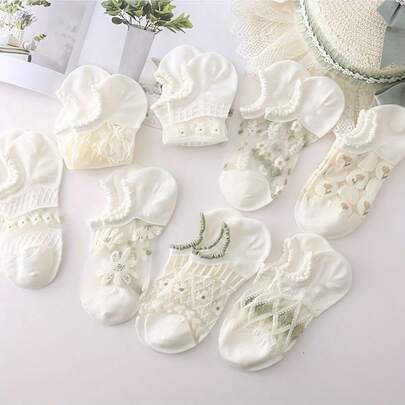 5/8双装女士透明碎花玻璃踝袜，扇形蕾丝和荷叶边装饰，透气可爱，适合春夏休闲穿着，日常穿着的碎花图案袜子，可爱袜子