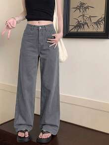 Quần jeans nữ ống rộng cạp cao dáng suông, đa năng và mang hơi hướng retro mùa xuân. - Xám - Xem 9