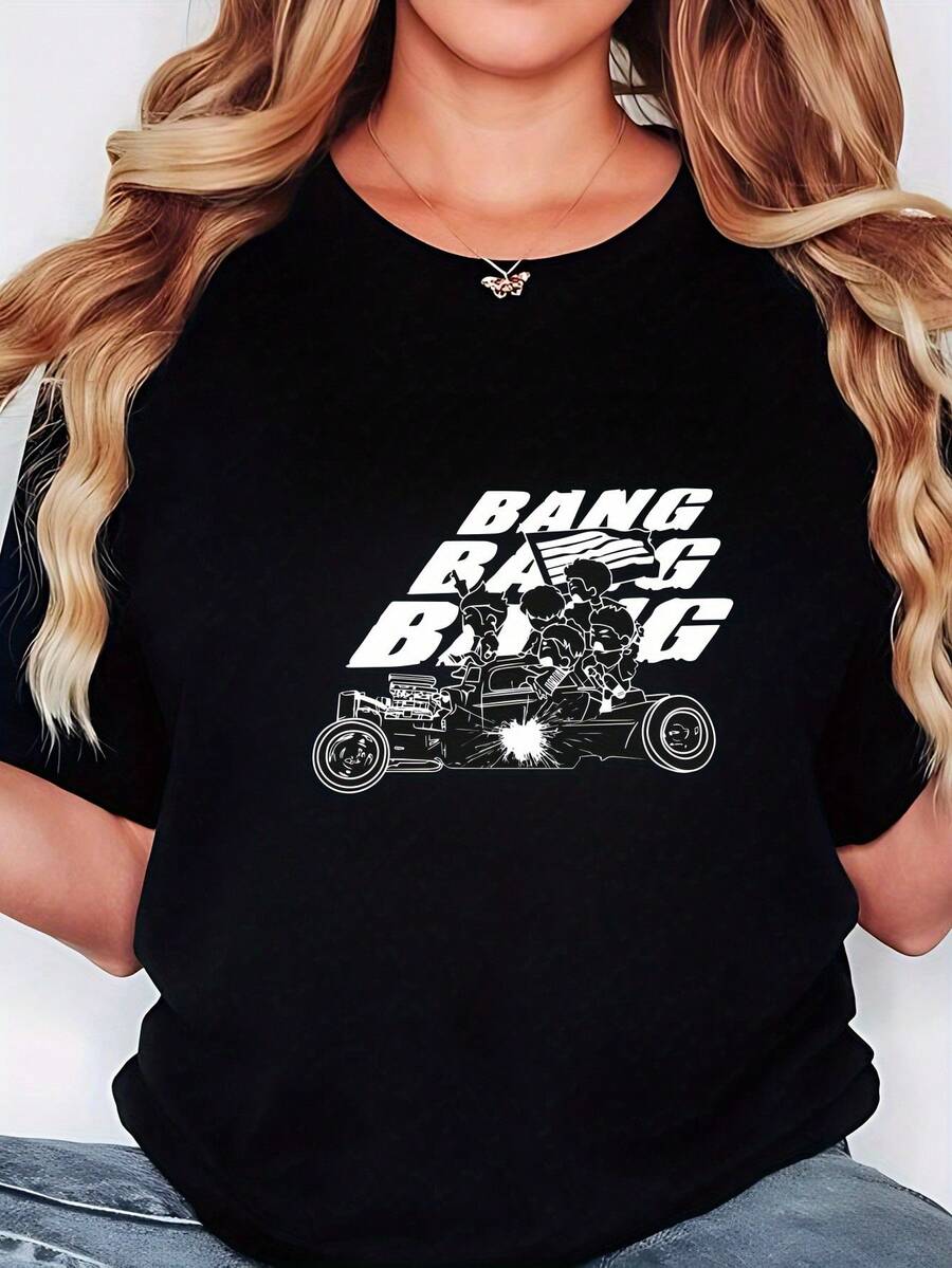 Plus Size - Plus Size - Plus Size Casual Women'S T-Shirt With BIGBANG Print, Short Sleeves, Round Neck, And Slight Stretch - 黑色 - 查看 1