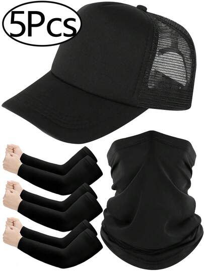 5件套男女通用黑色网眼卡车帽套装，包含1顶透气棒球帽、3双冰丝保暖臂套和1个多功能脖套，防紫外线、防晒、吸汗，适合户外骑行、钓鱼、徒步、驾驶、跑步等运动，夏季运动头饰/臂套。