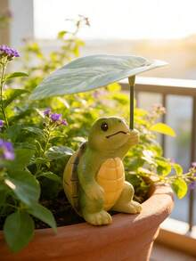 1PC Cute Resin Turtle & Frog Figurine With Leaf Umbrella, Mini Garden Statue For Outdoor Patio, Yard, Lawn, Flower Pot, Bonsai, Micro Landscape, Home Desk Decor, Whimsical Animal Ornament Gift. - Multicolor - View 9