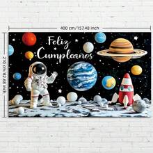 1件太空主题生日横幅，以宇航员和火箭为背景，饰有行星、火箭和星星图案，太空主题派对用品，宇航员装饰，涤纶材质。适用于生日、婚礼、派对、庆典、主题派对、派对用品、摄影背景、室内/室外装饰横幅。 - 查看 13