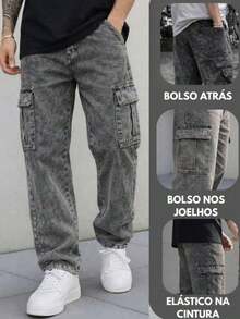 Men's Stonewashed Cargo Jeans With Drawstring Waist And Slight Stretch, Unisex Long, Loose-Fitting Casual Streetwear Skate Pants. - màu xám khói - Xem 1