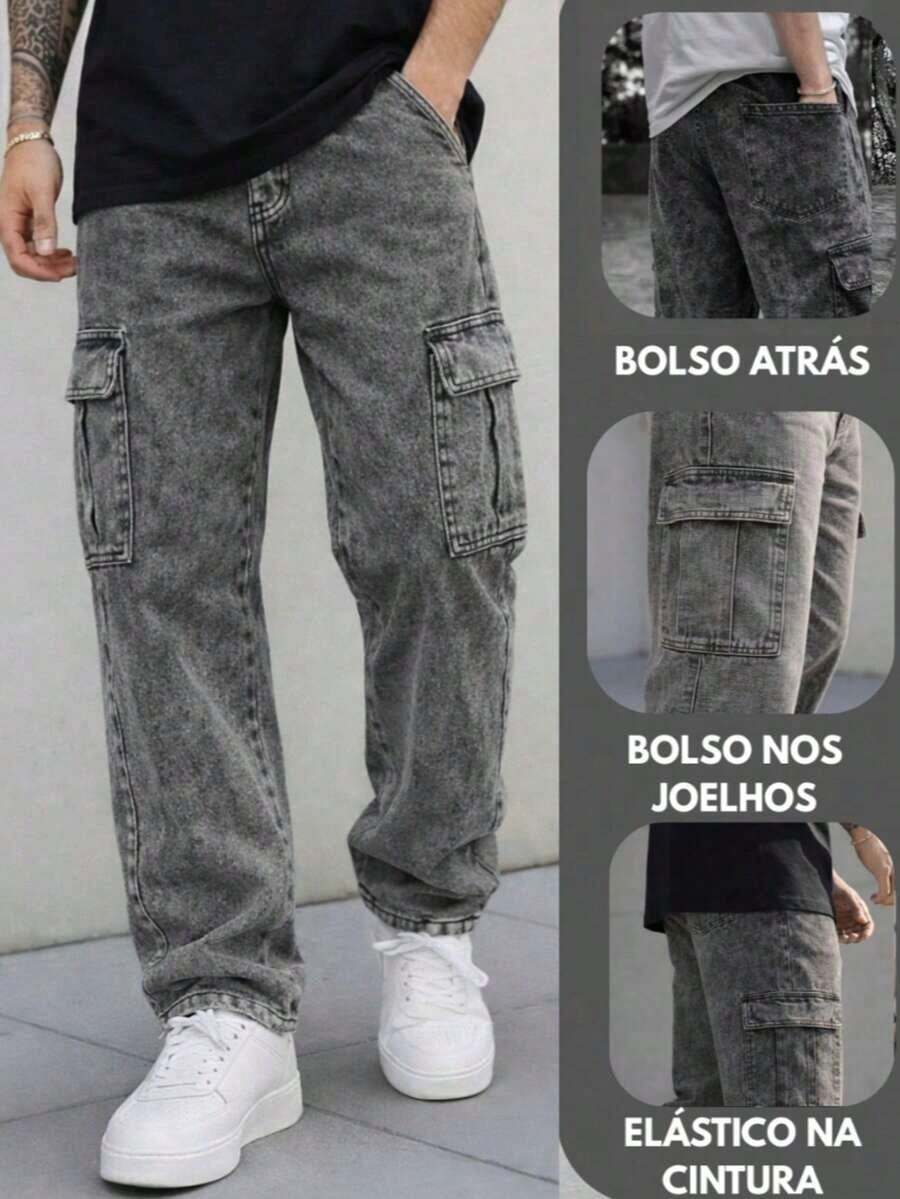 Men's Stonewashed Cargo Jeans With Drawstring Waist And Slight Stretch, Unisex Long, Loose-Fitting Casual Streetwear Skate Pants. - màu xám khói - Xem 1