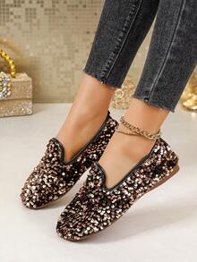 Giày bệt đính sequin cho nữ, mũi tròn, kiểu dáng slip-on, thoải mái khi mang hàng ngày, giày lười đính sequin tiện dụng. - Hoa hồng vàng - Xem 2