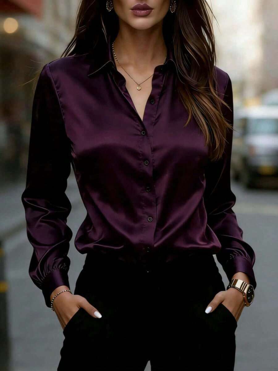 Women's Satin Long Sleeve Button-Up Shirt With Collar, Elegant Ladies Polyester Blouse Top Spring - 紫色 - 查看 1