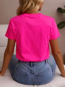 Kaos Kasual Wanita Lengan Pendek Leher Bulat Motif Huruf untuk Liburan Musim Semi/Panas - Hot Pink - View 2