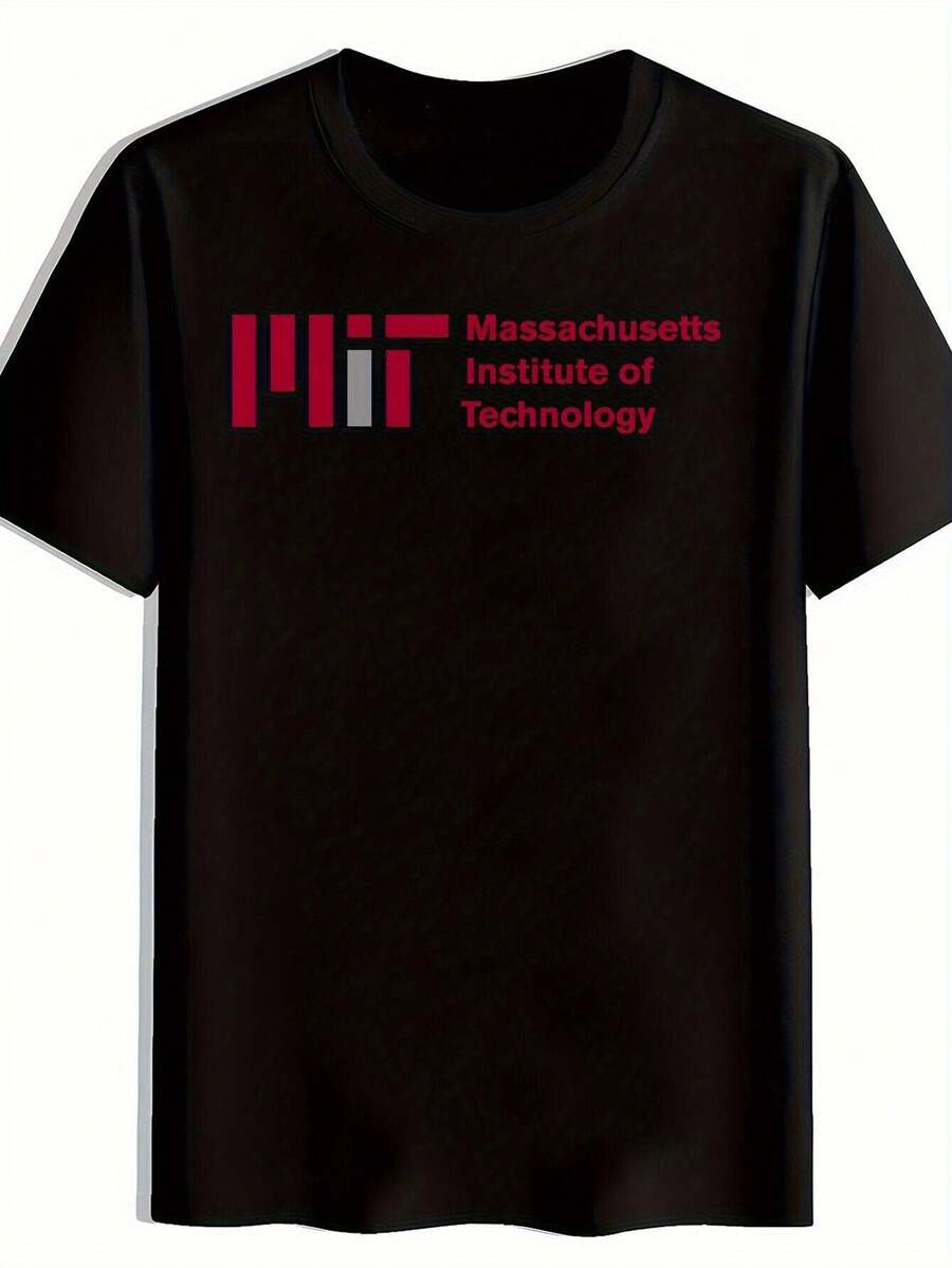 MIT Logo Men's 100% Cotton Short Sleeve T-Shirt - Black Casual Crew Neck Tee, Lightweight & Breathable, Regular Fit, Machine Washable, All-Season Comfort, Breathable Clothing, Simple Style Shirt - màu đen - Xem 1
