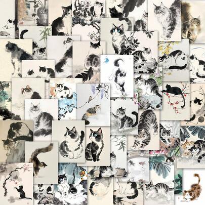 60pcs Ink Wash Cat Illustration Art Stickers Pack | Dynamic Vinyl Decals With Chinese Brush & Floral Cat Scene Designs | For Laptop, Decor & Gift | For Art & Cat Fans