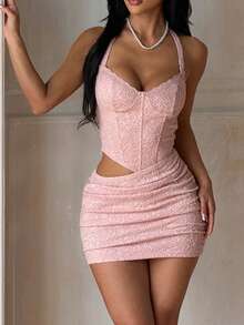 1pc Solid Color Party Knit Fabric Ruffle Zip Twist Dress, Sexy & Elegant Summer Dress For Women Pink - Pink - View 4