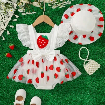 Sweet & Cute Baby Girls' Summer Strawberry Print Mesh Romper With Sun Hat, Newborn Photography Outfit, Outdoor & Daily Wear
