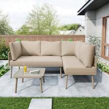 Garden Lounge Set Made Of Iron, Garden Furniture Set Made Of Green Rope, L-Shaped Garden Furniture Set, Lounge Set Made Of Green Rope With Seat Cushions, Adjustable Feet, 2 Sofas And 1 Table - Khaki + Iron - View 4