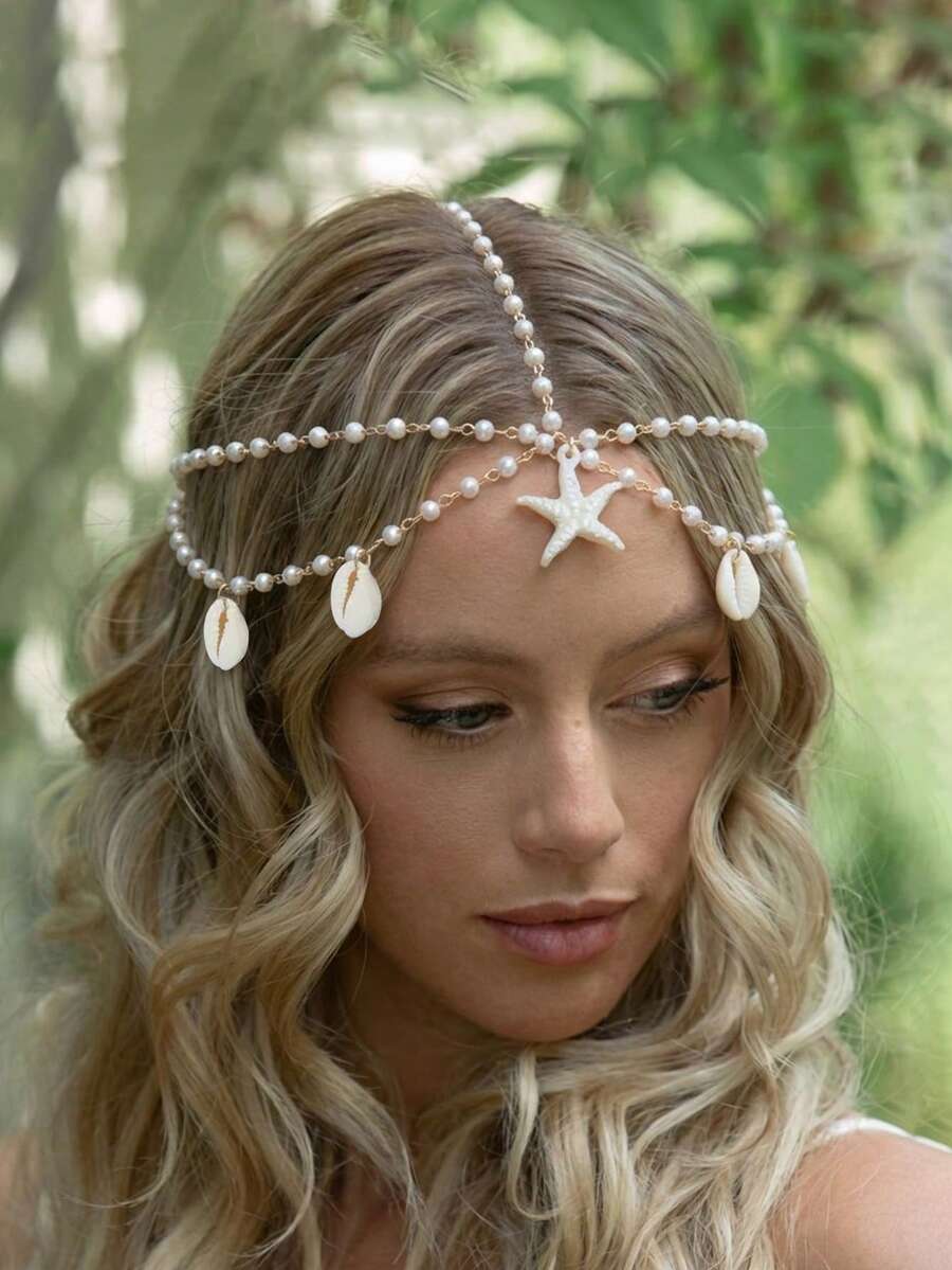 1pc Summer Beach Ocean Holiday Style Pearl Chain Shell Starfish Tassel Headpiece, Suitable For Daily, Festival, Party Wear, Gift For Friends And Girlfriends - White - View 1