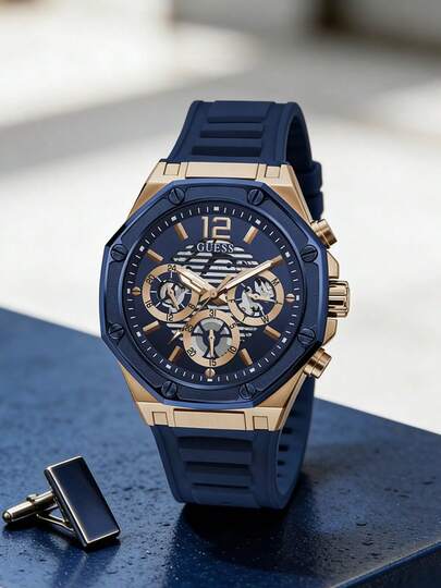 Guess Momentum Power Series Blue Dial Rose Gold Case Blue Silicone Strap Men's Watch, Multifunction Week Date Calendar Sports Watch, Brand Gift For Boyfriend/Brother, Comes With Original Watch Box GW0263G2