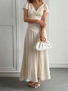 Livesso Spring V-Neck Petal Sleeve Bridesmaid Wedding Guest Party Elegant Waist Cinched Satin Mid-Length Dress Maxi Dress Sundress - 淺黃色 - 查看 3