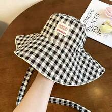 夏季韩版宽檐渔夫帽，格子宽檐系带遮阳帽，显脸显瘦防晒帽，多功能户外女帽，沙滩度假帽 - 彩色 - 查看 12