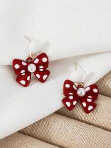 1 Pair Festive Red Bowknot & Pearl Earrings, Suitable For Birthday, Party, Celebration Or Summer Floral Dress - Red - View 3