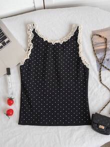 Áo tank top dệt kim không tay ôm sát, phối ren và chấm bi tương phản dành cho nữ, thích hợp cho mùa hè. - màu đen - Xem 10