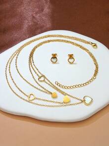 3pcs Stainless Steel Jewelry Set For Women, Heart Pendant Layered Necklace & Earrings, Perfect Gift For Birthday, Party, Vacation, Wedding, Mother's Day - Multicolor - View 3