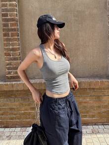 Áo hai dây gợi cảm có đệm mút dành cho nữ, áo tank top không tay ôm sát cơ bản cho mùa hè - Xám - Xem 6