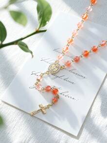 1 pieza Collar de rosario con forma de Y de estilo bohemio único con cruz de la Virgen María, perfecto para todas las estaciones, oración, playa y verano, con estuche de regalo - Rosario - Ver 3