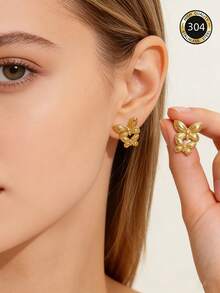 1 Pair 304 Stainless Steel Double-Layer Butterfly Earrings, European And American Style For Party, Banquet, Travel, Wedding, Holiday, Daily Wear, Mother's Day Gift - Gold - View 7