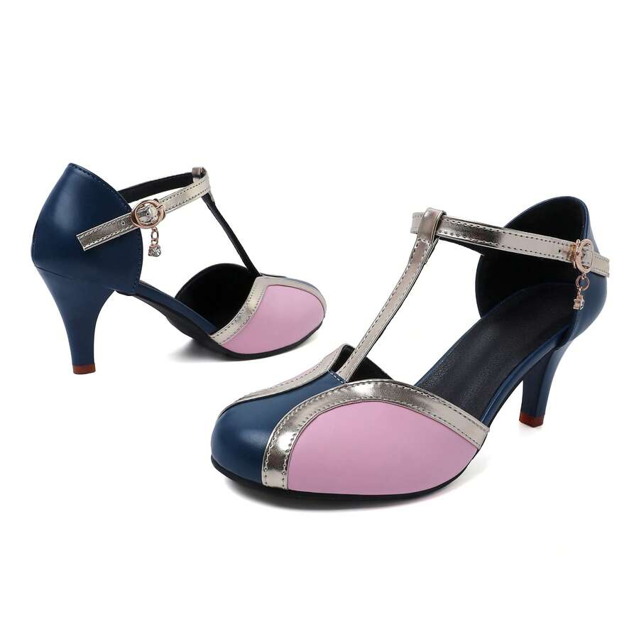 Giày sandal cao gót nữ mùa xuân/hè, thiết kế phối màu, mũi tròn khoét rỗng, phù hợp cho thanh thiếu niên và các cô gái có thân hình đầy đặn. - Màu xanh lam - Xem 1
