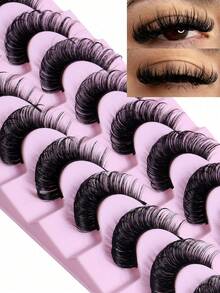 10 Pairs D-Curl Voluminous Russian False Eyelashes, 3D Faux Mink Lashes, Reusable, Fluffy Natural Look, Eyelash Extension - Black - View 4