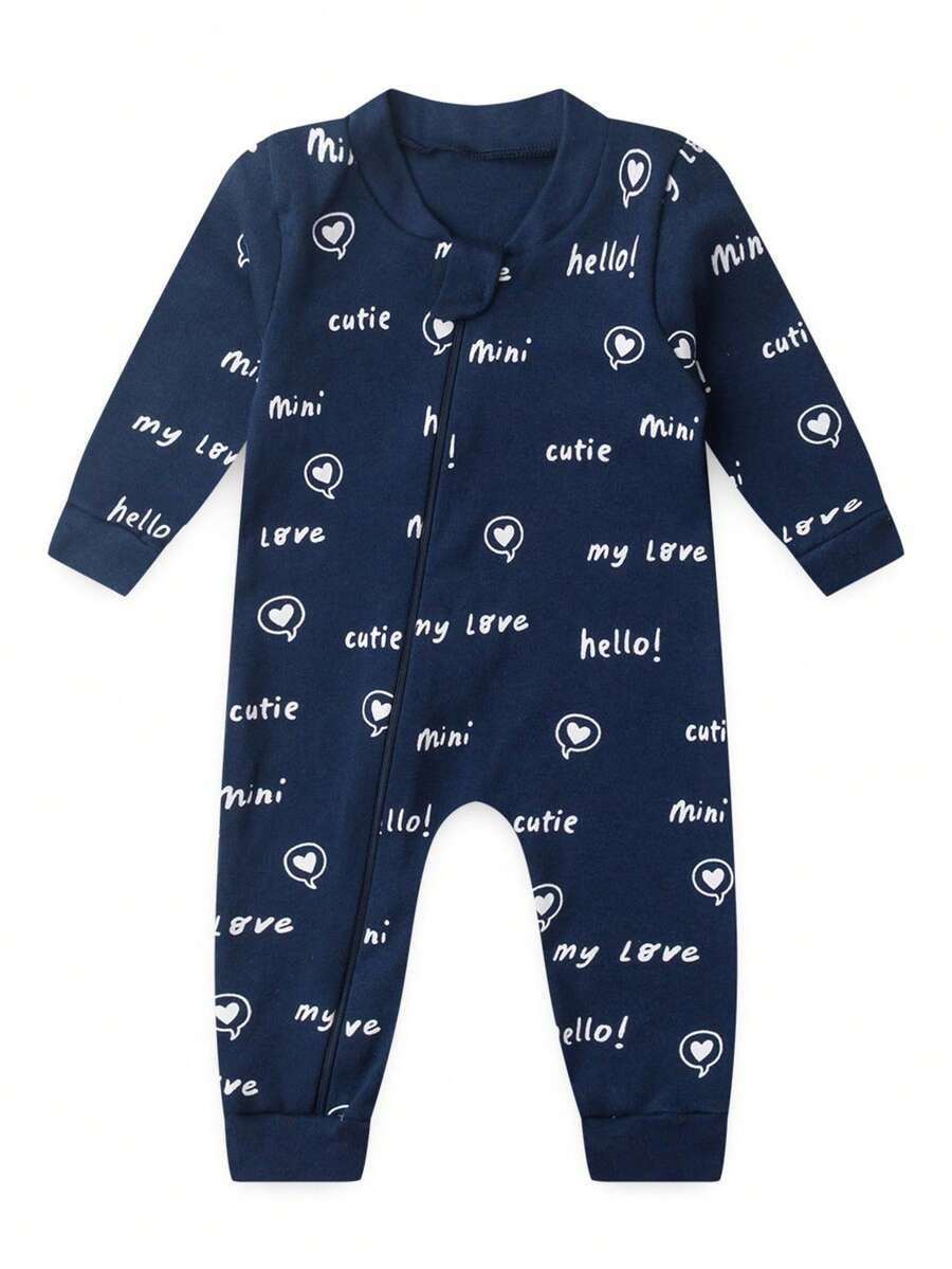 Baby Jumpsuit In Printed Suedine Fabric With Zipper (Newborn/Small/Medium/Large) - Navy Blue - View 1
