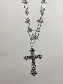 朋克Y2K风格十字架吊坠项链，男女皆宜，哥特式不对称图案时尚颈链，派对礼物 - 銀色 - 查看 4