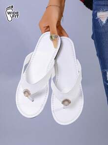 Dép xỏ ngón nữ dáng rộng có khóa cài, dép đế bằng dễ xỏ cho kỳ nghỉ hè, dép đi biển bằng da PU màu trắng. - trắng - Xem 12