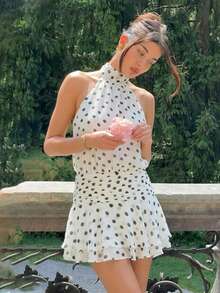 New European And American Style Fashion Halter Backless A-Line Polka Dot Print Tie Waist Dress White Wedding Party - White - View 6