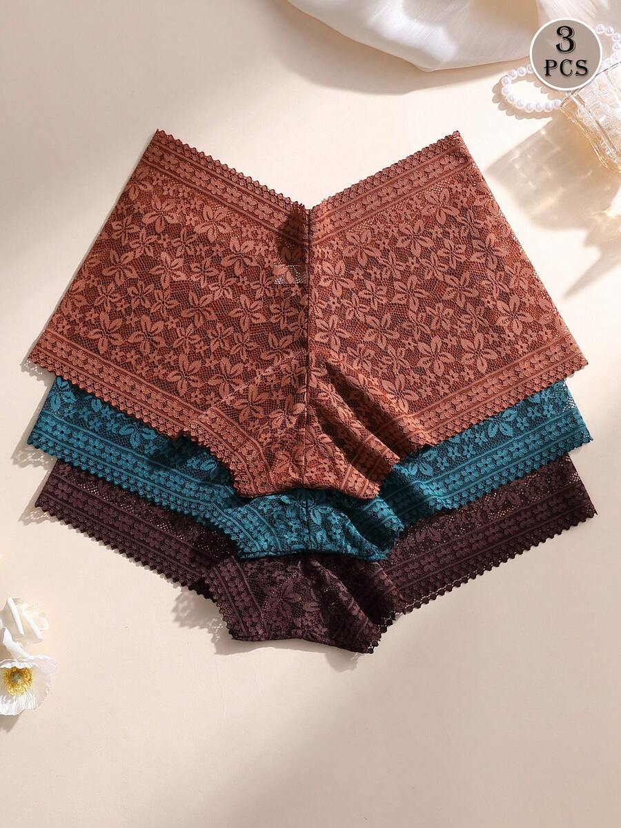 3pcs/Set Women Lace Patchwork Mid-Waist Briefs - Sexy Lifting Panties, Comfortable Stretchy Sexy Underwear For Daily Wear And Sports/Yoga