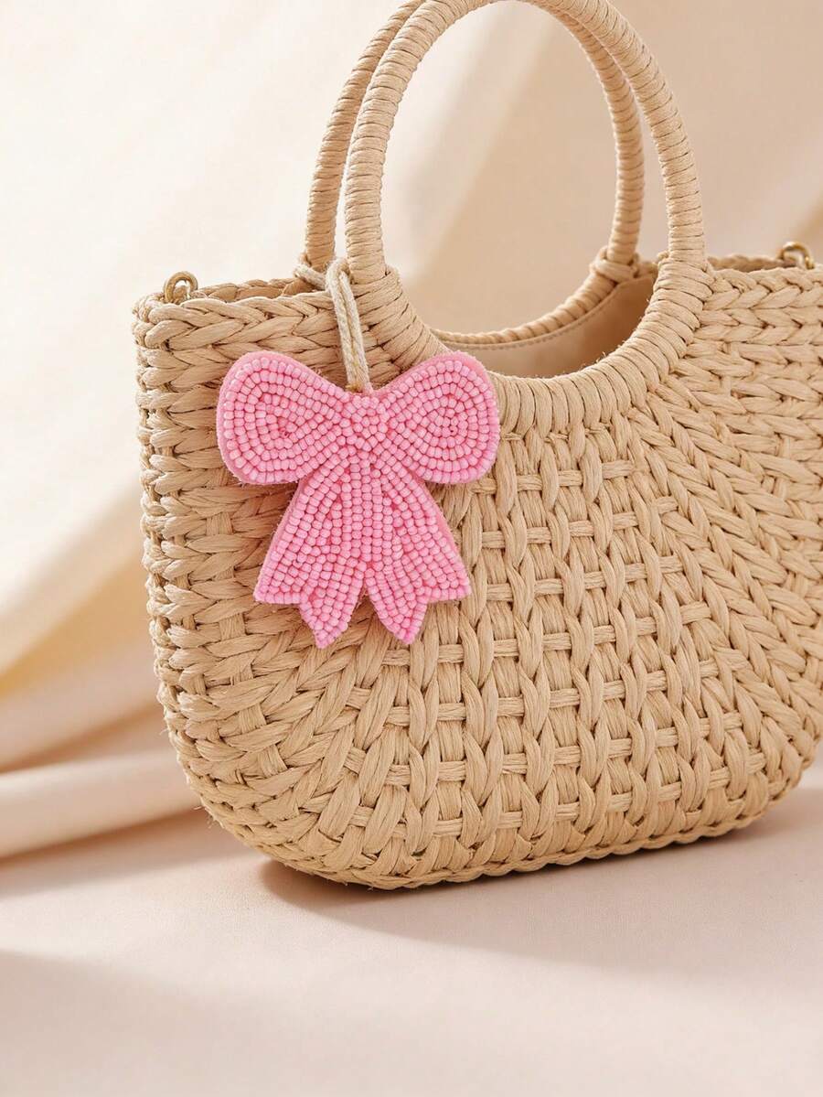 1 chiếc móc khóa túi hình nơ đính cườm thủ công, phong cách Bohemian, làm từ vải không dệt, phù hợp cho trang phục thường ngày, đi biển, du lịch của nữ, làm quà tặng Ngày của Mẹ. Hình dáng thủ công có thể có một vài khác biệt nhỏ. - trắng - Xem 1